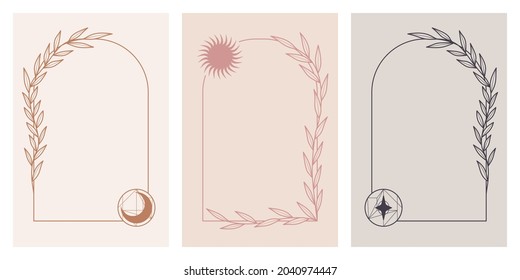 Set of hand drawn floral frames with crescent moon, star and sun. Flourish frame with celestial symbols. Outline border with leaves, branches and stars.