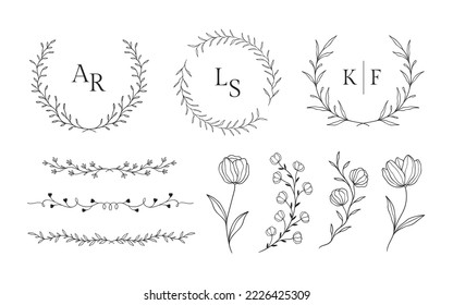 Conjunto de marcos florales dibujados a mano para la plantilla del logotipo de la novia ornamental o belleza femenina