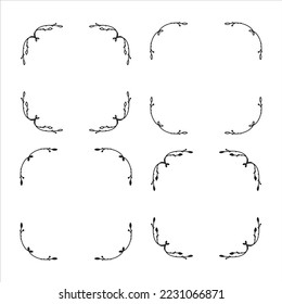Set of hand drawn floral frames isolated on white background, vector. Silhouette and outline frames of leaves. Doodle style