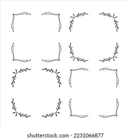 Set of hand drawn floral frames isolated on white background, vector. Silhouette and outline frames of leaves. Doodle style
