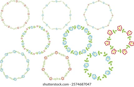  Set of hand drawn floral frames Round floral decorative borders Isolated white background Copy space for text Spring summer design Colorful flowers leaves silhouette