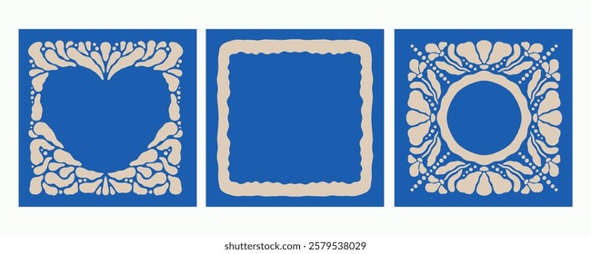 Set of hand drawn floral frames. Retro groovy floral illustration. Abstract design elements for cards, invitations. Flat vector illustration collection isolated on a white background