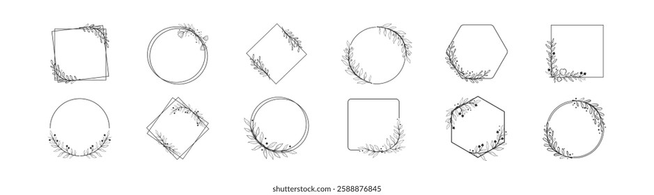 Set of hand drawn floral frames and wreaths. Floral circle frames made of branches, leaves, twigs. Vector design elements for cards, quotes, invitations and posters