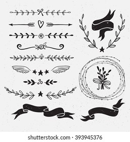 Set of hand drawn floral frames and dividers. Vector Natural plant design.