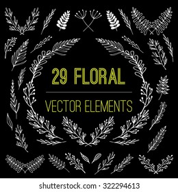 Set of hand drawn floral, nature, laurels and branches vector elements in black and white color. Decoration elements for design invitation, logo, wedding and greeting cards.