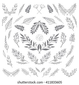 Set of hand drawn floral, nature, laurels and branches vector elements in black and white color. Decoration elements for design invitation, logo, wedding and greeting cards.