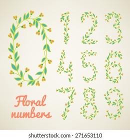 Set of hand drawn floral numbers. Zero, one, two, three, four, five, six, seven, eight, nine - signs in vector. Perfect for educational cards, birthday and wedding invitations