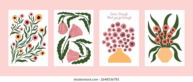 Set of hand drawn floral posters with motivational message Grow through what you go through. Minimal flat design with textured botanical elements. Ideal for wall decor, greeting cards, and positive 