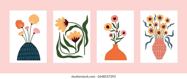 Set of hand drawn floral posters with decorative vases and minimal flat flowers. Whimsical and elegant botanical illustrations, perfect for wall decor, greeting cards, or modern interior accents.