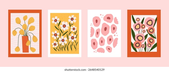 Set of hand drawn floral posters featuring stylized wildflowers, abstract petals, botanical stems, and decorative vases. Playful and minimal design for wall art, nursery decor, packaging