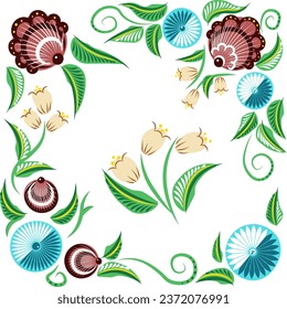 Set of hand drawn floral russian traditional vector ethnic ornament Gorodets on isolated white background for your design