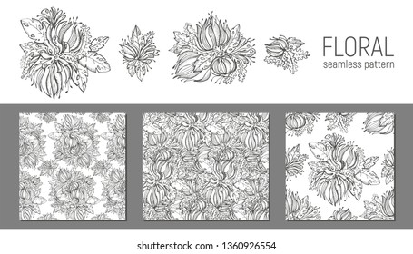 Set of hand drawn floral seamless pattern. Plant texture for fabric, wrapping, wallpaper and paper. Abstraction decorative print
