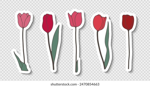 Set of hand drawn floral stickers with pink and red tulips isolated on a transparent background.