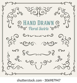 Set of the hand drawn floral swirls. Florals and calligraphic design elements