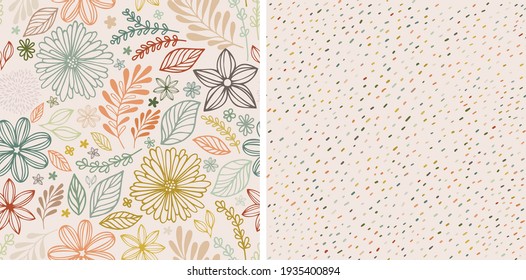 Set von handgezeichnet floralen Vorlage für Cover, Heimat-Dekor, Hintergründe, Karten. Kinder abstraktes und florales Design im Doodle-Stil. Vektorgrafik und nahtloses Muster in pastellfarbenen Farben.