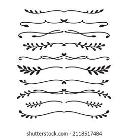 Set of hand drawn floral text divider isolated on white background. Silhouette branches for books, greeting cards, invitations, web. Doodle style.