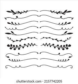 Satz handgezeichnet floraler Textteiler einzeln auf weißem Hintergrund. Silhouette Zweige für Bücher, Grußkarten, Einladungen, Web. Doodle-Stil.