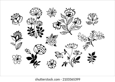 Set of hand drawn floral vector with leaves, flowers and branches. Vector set of doodle flowers. Vector illustration. Flat.