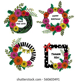 a set of hand drawn floral vector illustrations with flowers and leaves in a form of wreath or frame; sketched gerbera and branches; great for greeting cards and posters