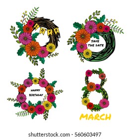 a set of hand drawn floral vector illustrations with flowers and leaves in a form of wreath or frame; sketched gerbera and branches;  decorative number eight; great for greeting cards and posters
