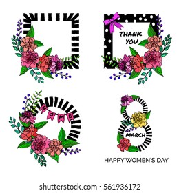 a set of hand drawn floral vector illustrations with flowers and leaves in a form of wreath or frame; sketched peony and branches; decorative number eight; great for greeting cards and posters