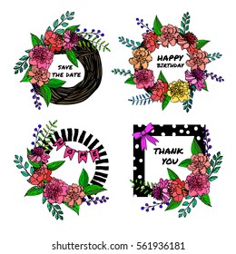 a set of hand drawn floral vector illustrations with flowers and leaves in a form of wreath or frame; sketched peony and branches; great for greeting cards and posters