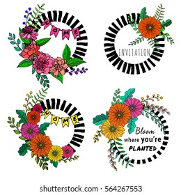 a set of hand drawn floral vector illustrations with flowers and leaves in a form of wreath or frame; sketched gerbera, peonies roses, willow seals and branches; great for greeting cards and posters