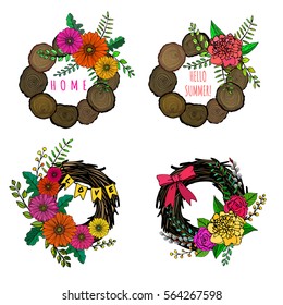 a set of hand drawn floral vector illustrations with flowers and leaves in a form of wreath or frame; sketched gerbera, peonies roses, willow seals and branches; great for greeting cards and posters
