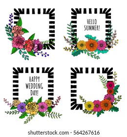 a set of hand drawn floral vector illustrations with flowers and leaves in a form of wreath or frame; sketched gerbera, peonies roses, willow seals and branches; great for greeting cards and posters