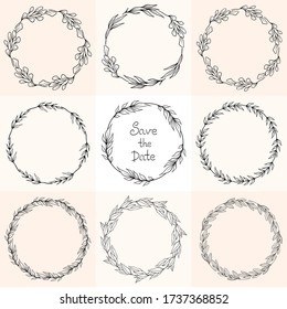 Set of hand drawn floral wreath.. Botanical design elements for invitations, greeting cards, quotes. Vector illustration on peach background.
