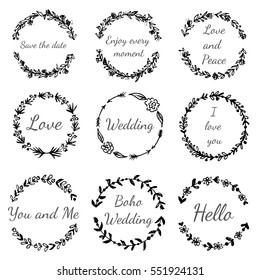 Set of hand drawn floral wreath. Tribal, boho, ethnic design elements for invitations, greeting cards, quotes, blogs, posters. Vector vintage illustration