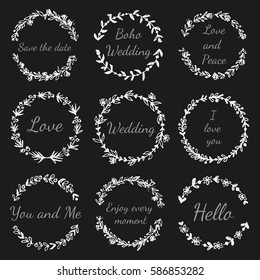 Set of hand drawn floral wreath. Tribal, boho, ethnic design elements for invitations, greeting cards, quotes, blogs, posters. Vector vintage illustration