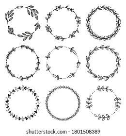 Set of hand drawn floral wreaths. Round frames. Good for invitation, greeting cards, quotes, wedding design. Vector illustration isolated on white background. EPS 10.