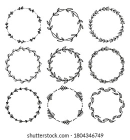 Set of hand drawn floral wreaths. Round frames. Good for invitation, greeting cards, quotes, wedding design. Vector illustration isolated on white background. EPS 10.