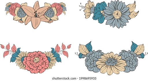 Set of Hand Drawn Floral Wreaths, Colorful Vector Illustrations with dark outline. Unique flowers for for prints, postcards, greeting cards, fabric and more.