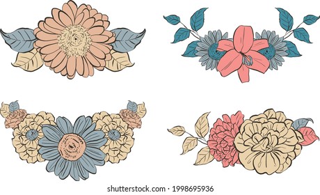 Set of Hand Drawn Floral Wreaths, Colorful Vector Illustrations with dark outline. Unique flowers for for prints, postcards, greeting cards, fabric and more.