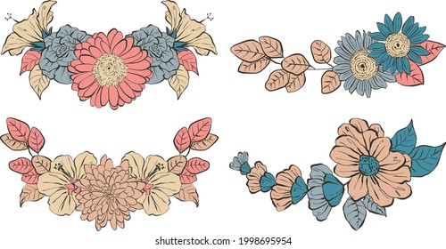Set of Hand Drawn Floral Wreaths, Colorful Vector Illustrations with dark outline. Unique flowers for for prints, postcards, greeting cards, fabric and more.