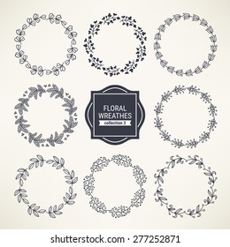 Set of hand drawn floral wreaths. Perfect for greeting cards, wedding invitations, retro parties, birthday greeting cards