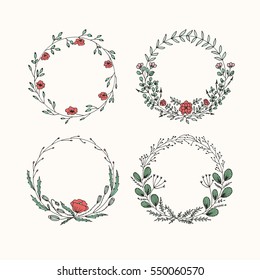 Set of hand drawn floral wreaths with leaves, flowers, berries, poppy. Round frame. Creative decorative elements. Perfect for valentines day, stickers, wedding, birthday, save the date invitation.