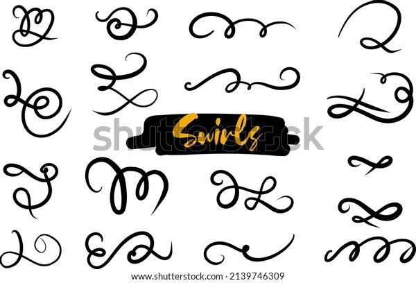 Set of\
hand drawn flourishes, lettering and calligraphy decoration,\
squiggles. Vector ink swirl and freeform\
swoop