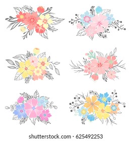 Set of hand drawn flower bouquets with different floral elements,branches,plants and leaves.Vector floral collection perfect for prints, flyers,banners,invitations,special offer and more.