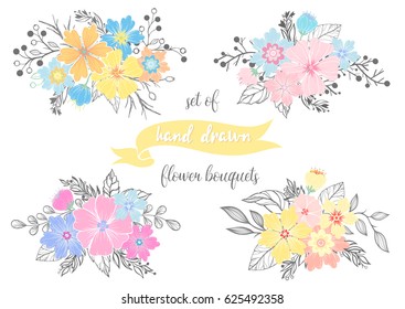 Set of hand drawn flower bouquets with different floral elements,branches,plants and leaves. Vector floral collection perfect for prints, flyers,banners,wedding invitations,special offer and more.