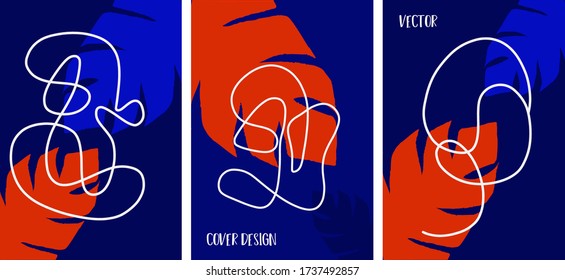 Set of hand drawn flower covers. Vector template with palm leaves. Illustration with blue, red  colors