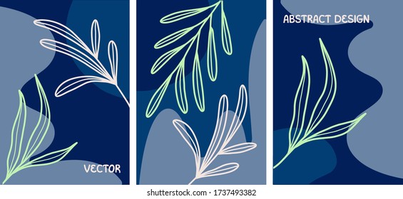 Set of hand drawn flower covers. Fluid shapes, leaves with blue, mint colors