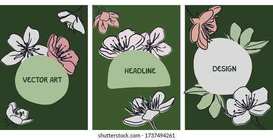 Set of hand drawn flower covers. Vector template with flowers, leaves. Illustration with green, white, rose colors