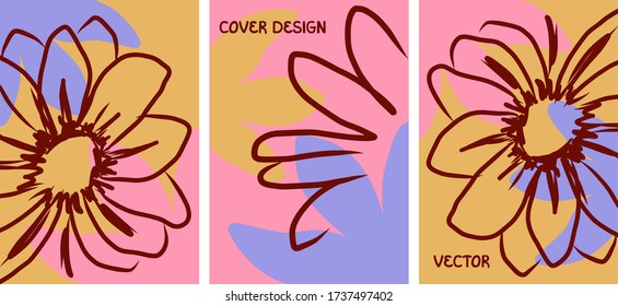 Handgezeichnete Blumenüberzüge. Flüssige Formen, Blumen, Blätter mit rosa, violett, gelb