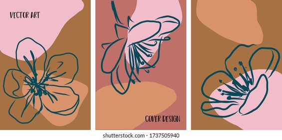 Set of hand drawn flower covers. Vector template with shapes, flowers. Illustration with rose, salmon, brown colors