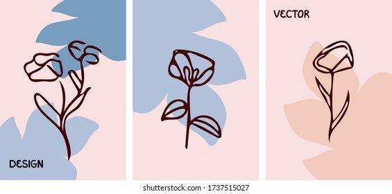 Conjunto de cubiertas de flores dibujadas a mano. Ilustración vectorial con flores, hojas. Diseño con colores azul claro, rosa