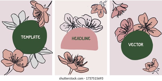 Set of hand drawn flower covers. Vector illustration with flowers, leaves. Design with rose, green colors