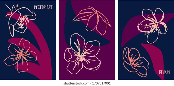 Set of hand drawn flower covers. Vector illustration with flowers, leaves. Design with purple, dark blue colors